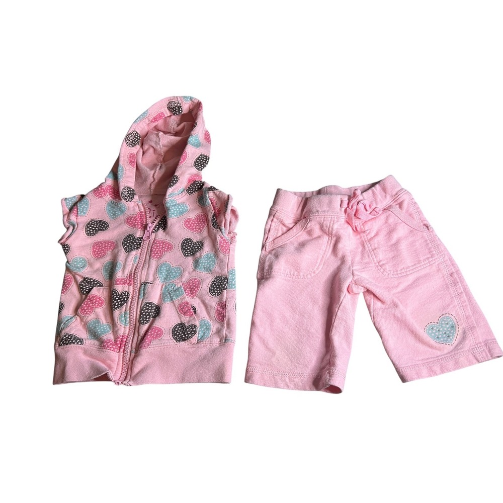 Pinc Toddler Girls Pink Heart Print Sleeveless Hoodie and Shorts‎ Set 18 Months